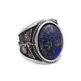 Men's ring with blue lapis lazuli and angel design in antique silver