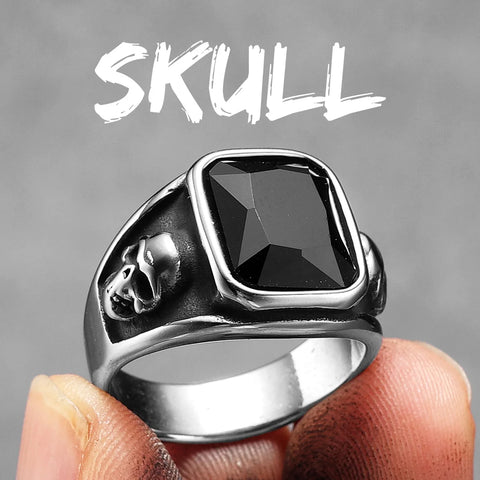 # Skull ring with black stone made of stainless steel – vintage gothic punk style