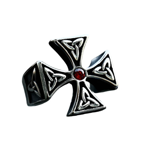 Norse Viking Design Kreuzring mit rotem Stein