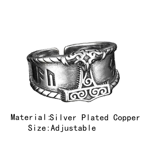 Silberne Thor-Hammer Ring für Herren mit antiken nordischen Runen