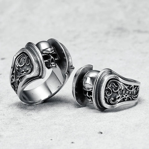 Silber Skull Ring aus 316L Edelstahl mit aufwendigem Rune-Skelett-Design