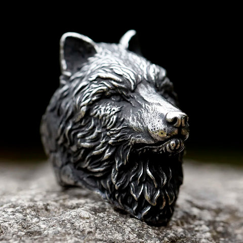 Ring aus Edelstahl mit kreativemWolf Head in Schwarz