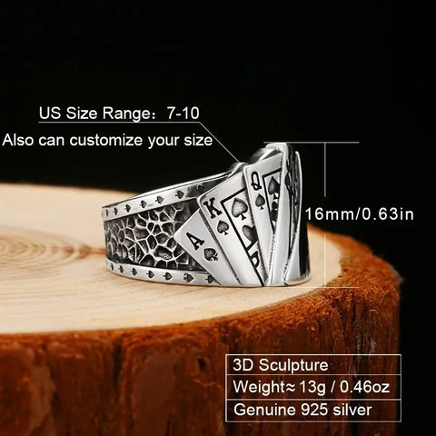 Poker Ring aus massivem silberfarbenem Edelstahl mit Spielkarten-Design für Herre