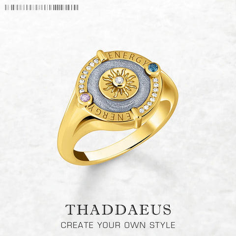 Gold Pated Signet Ring Sun Trendy Fine Jewerly For Women Men Autumn Bohemia Gift In 925 Sterling Silver