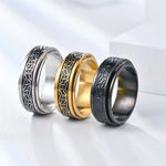 Edelstahl Herrenring mit Wikinger-Gravur und drehbarem Anti-Stress-Segment in Schwarz und Gold - Siegelring-shop