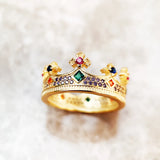 Königsring mit Krone in Gold  925 Sterling Silber bunten Edelsteinen