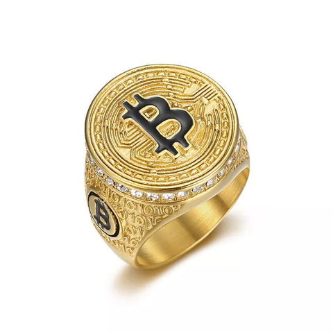 Herren-Siegelring mit Bitcoin-Emblem, Goldfarben mit Kristallverzierung - Siegelring-shop