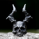 Edelstahl Skull Ring für Männer mit Hörnern Schwarz