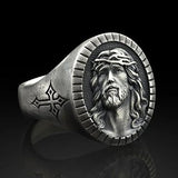 Herren Siegelring mit Jesus-Kreuzgravur in Vintage Silberoptik Porträt-Design - Siegelring-shop