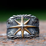 Octagram Ring aus 316L Edelstahl mit federähnlichem Design und goldener Kompass-Stern, Männer-Ring in Silber und Gold