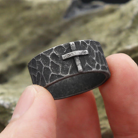 Men's ring made of stainless steel with a cross design in black for men