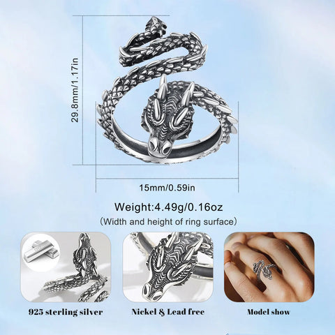 925er Silber Drachenring für Männer Verstellbarer Ring mit detaillirter Drachenkopf-Ästhetik
