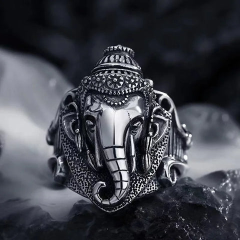 Silberfarbiger Ganesha-Elefant-Gott-Signet-Ring für Männe