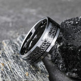 Viking Rune Ring Edelstahl Biker Ring mit eingelegtem Valknut-Muster in Schwarz