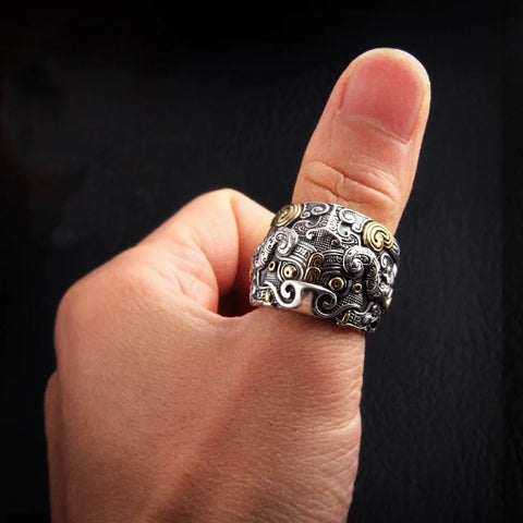 Taotie Offene Ring für Männer mit Divine Beast Muster aus Silber und Gold