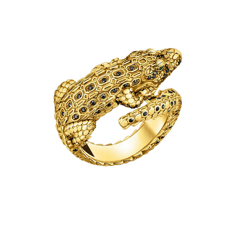 **H1: Handmade, gold-plated ring with crocodile design and black zirconia in 925 sterling silver**