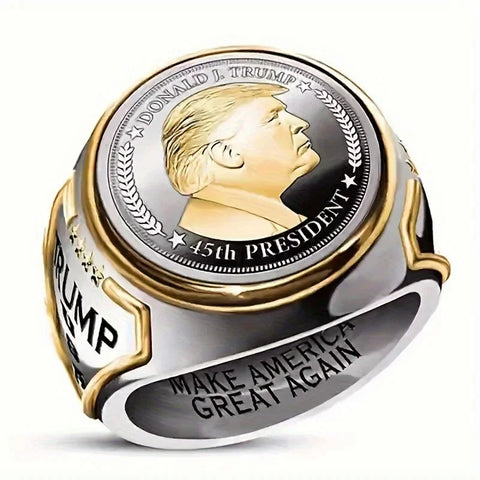 # Exquisiter zweifarbiger Ring mit Trump-Motiv, personalisierbar, Silber mit goldenem Akzent, eingraviert "Make America Great Again"