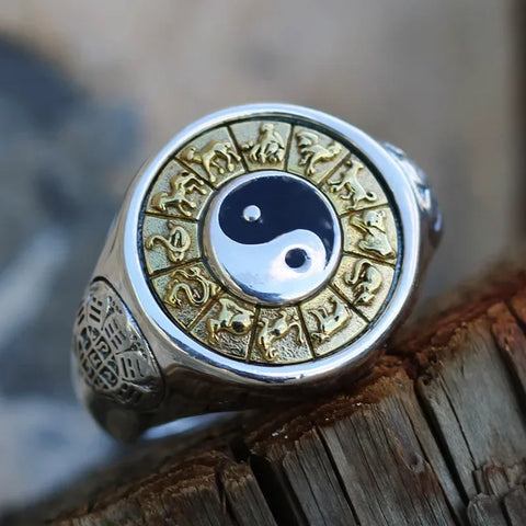 Taiji Bagua Siegelring für Männer mit Yin-Yang Emblem in Gold und Silber