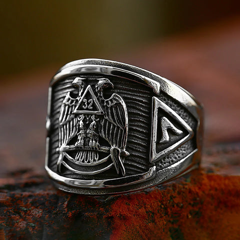 Men's ring with vintage Masonic symbol stainless steel with double eagles