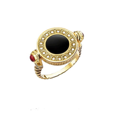 # Elegant gold-colored ring with black onyx and engraved zirconia for men - antique European style, 925 silver