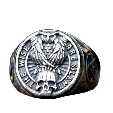 Freimaurer-Owl Skull Ring für Männer graviert mit Eule und Totenkopf