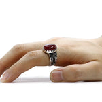 Men's ring made of S925 silver with classic vintage style and synthetic red
