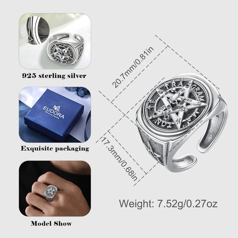 #925 Sterling Silber Pentagramm Siegelring für Herren mit verstellbarem Design und Tetragrammaton-Engraving