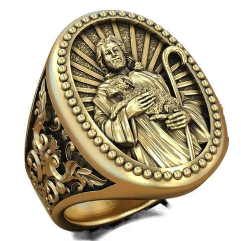 Herren Siegelring mit Jesus und Lamm Relief Echt 925 Sterling Silber - Siegelring-shop