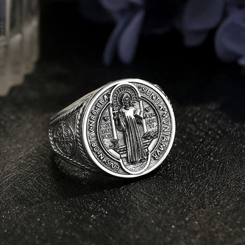 925 Sterlingsilber Siegelring mit Saint Benedict Medaille und religiösem Motiv