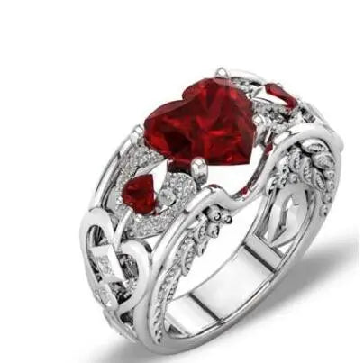925 Sterling Silber Ring mit rotem Herz-Zirkon und eleganten Verzierunge