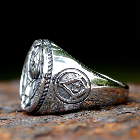 Freimaurer-Owl Skull Ring für Männer graviert mit Eule und Totenkopf