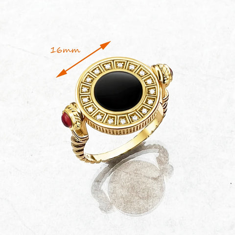 # Elegant gold-colored ring with black onyx and engraved zirconia for men - antique European style, 925 silver