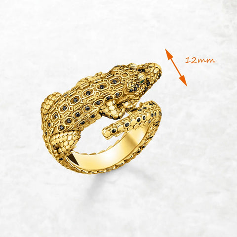 **H1: Handmade, gold-plated ring with crocodile design and black zirconia in 925 sterling silver**