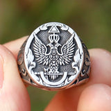 Edelstahl Herrenring mit geprägtem Adlerdesign und russischem WappenAntik Silber