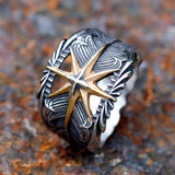 Octagram Ring aus 316L Edelstahl mit federähnlichem Design und goldener Kompass-Stern, Männer-Ring in Silber und Gold