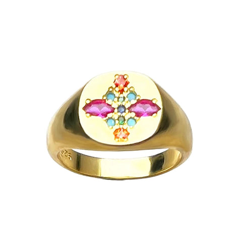 Goldene Siegelring mit bunten Steinen und einzigartigem Emblem für Herren