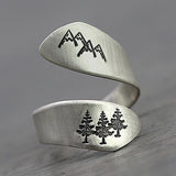 925er Sterling Silber Ring mit Berg- und Baum-Engravierung im einfachen Stil