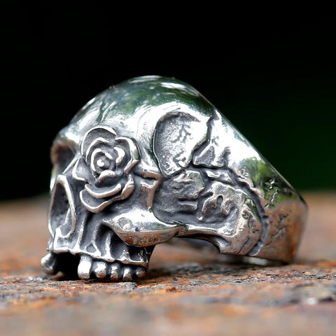 Edelstahl Totenkopf-Ring mit Rosen-Design für Biker - Siegelring-shop