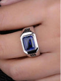 Men's ring made of 925 silver with large rectangular blue zirconia