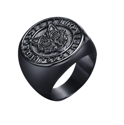 Herren-Siegelring mit nordischem Wolf Vegvisir und Valknut in Schwarz - Siegelring-shop