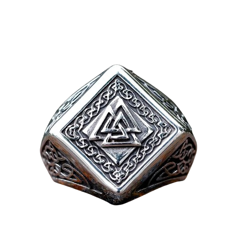 Viking-Signetring aus Edelstahl 316L mit Valknut-Amulett und keltischen Mustern - Siegelring-shop