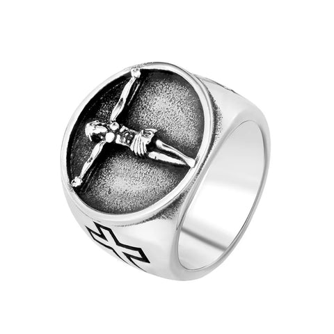 Jesus Kreuz Ring aus Edelstahl Biker Signet Ring mit detailgetreuer Gravu