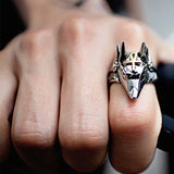 Edelstahl Herrenring mit Anubis-Motiv und goldenem - Siegelring-shop