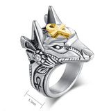 Edelstahl Herrenring mit Anubis-Motiv und goldenem - Siegelring-shop