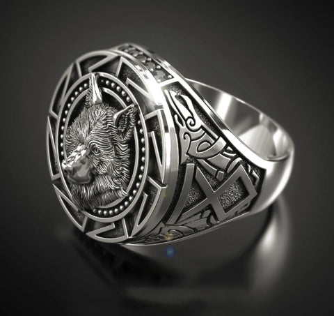 Siegelring aus 925 Sterling Silber mit Wolf-Totem und keltischem Muster - Siegelring-shop