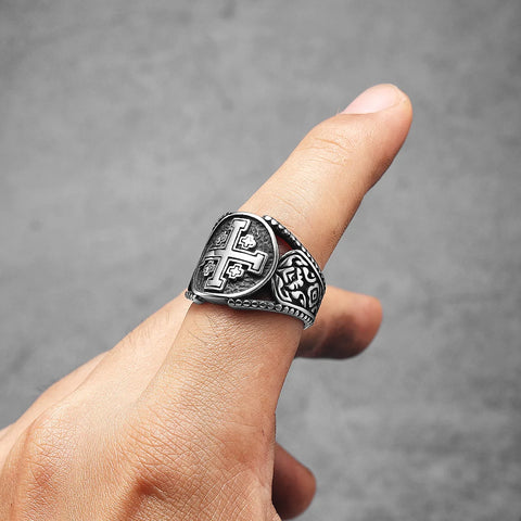 Men's ring with Jerusalem Cross stainless steel black