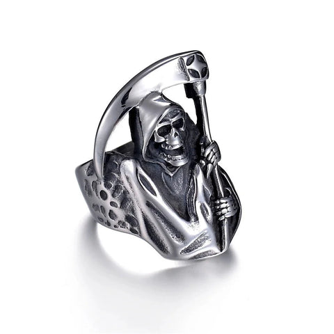 Hochpolierter Edelstahlring mit Totenkopf und Sense für Männer - Siegelring-shop