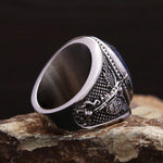 Men's ring with blue lapis lazuli and angel design in antique silver