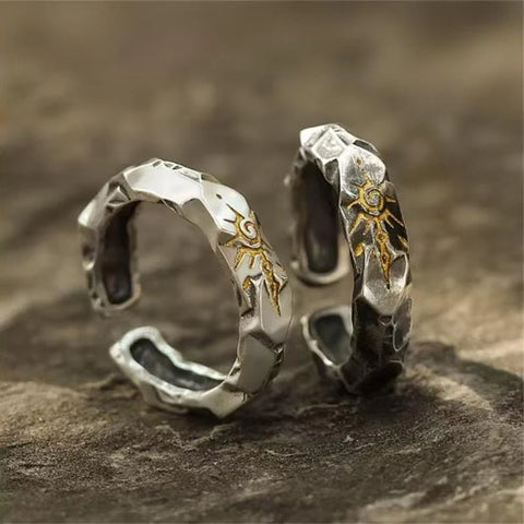 Men's rings with sun symbol adjustable made of silver and gold-colored
