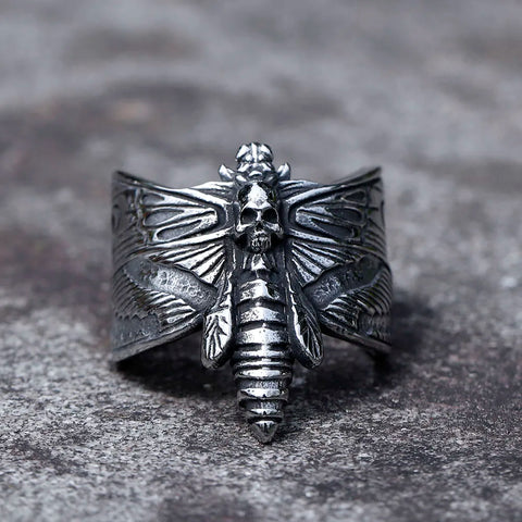 Handgefertigter Männer-Ring aus 316L Edelstahl mit Totenkopf- und Schmetterlingsmuster, Silber-Finish